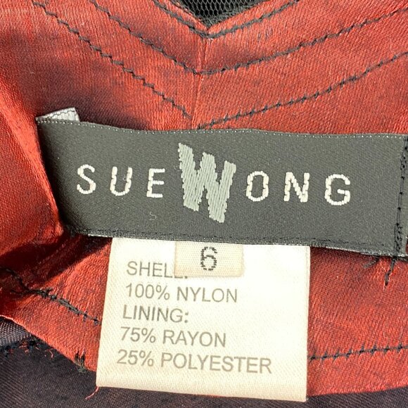 Sue Wong Sz. 6 Vintage Rare Iridescent Deep Red and Black Crochet Beaded Gown - Picture 15 of 16